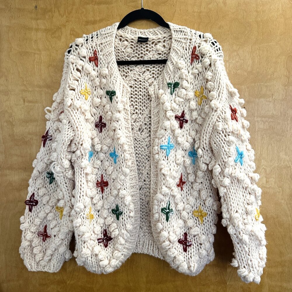 Anthropologie Cream Chunky Knit Cardigan with Multicolor Embroidery - Picture 5 of 7